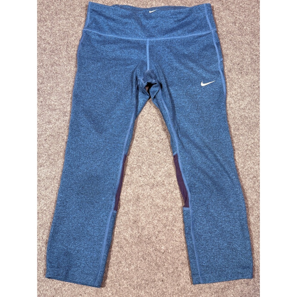 Nike Dri-FIT Blue Heathered Running Leggings Cropped Zipper Pocket Small